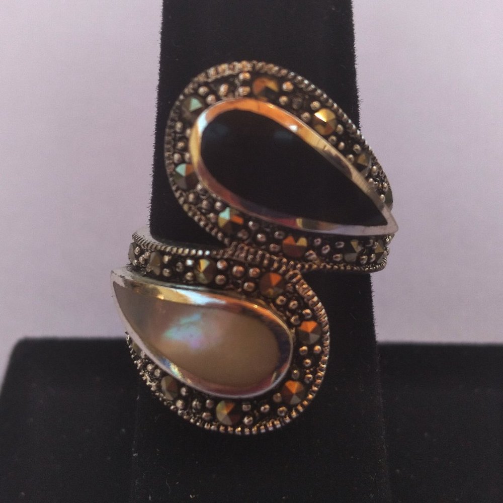 Onyx and Mother of Pearl Marcasite Ring Sterling